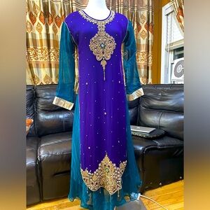 Purple and Blue/Green Indian Pakistani Anarkali Style Dress w\Net Dupatta